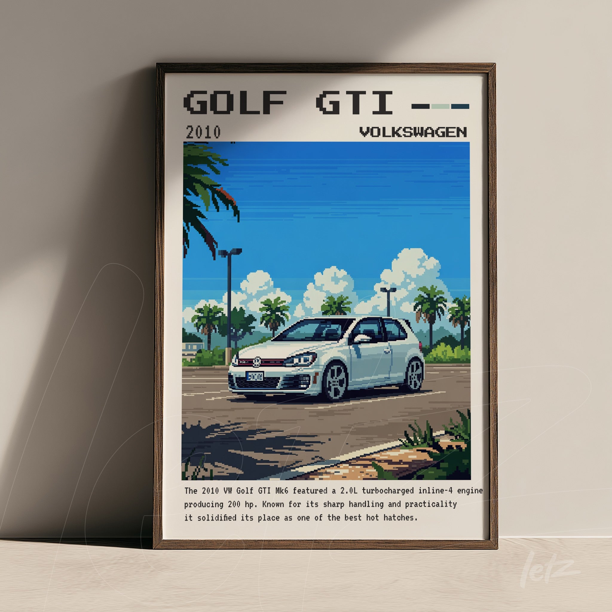 pixel art framed print of a 2010 Volkswagen Golf GTI with a dark brown frame, tropical background featuring palm trees