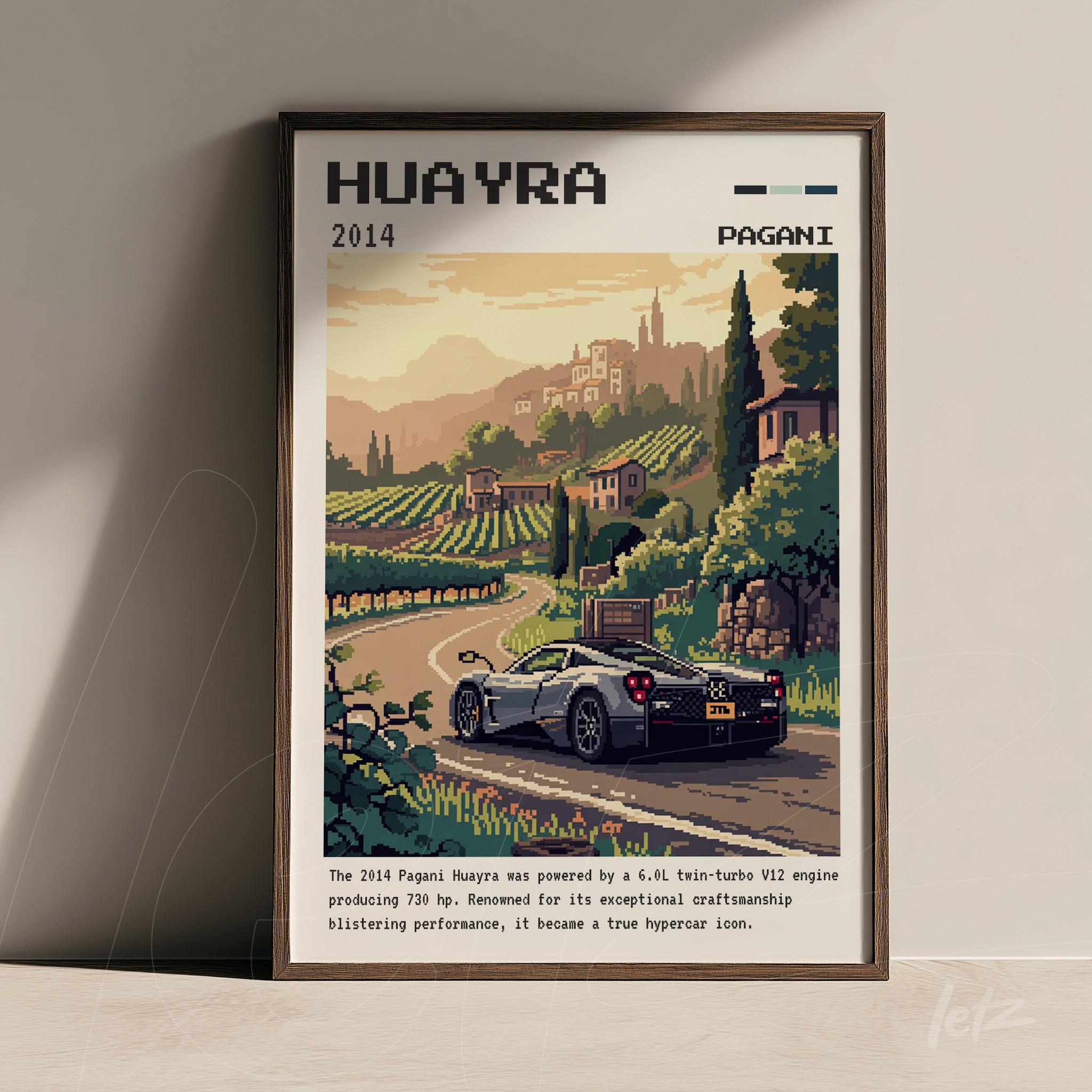 framed retro art of Pagani Huayra car set in a vineyard landscape