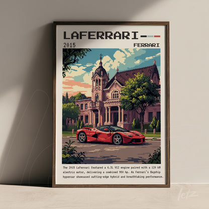 framed pixel art of a Ferrari LaFerrari in front of a classic mansion with dark brown frame