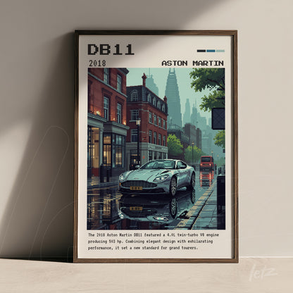 pixel art framed illustration of an aston martin db11 parked on a london street, dark frame with gold accents