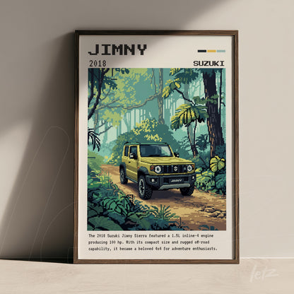 framed digital art of a Suzuki Jimny in a green forest setting with pixelated detail