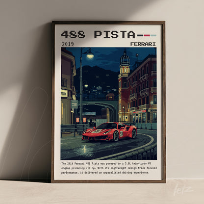 pixel art print of the Ferrari 488 Pista sports car in a nighttime urban scene with dark wood frame