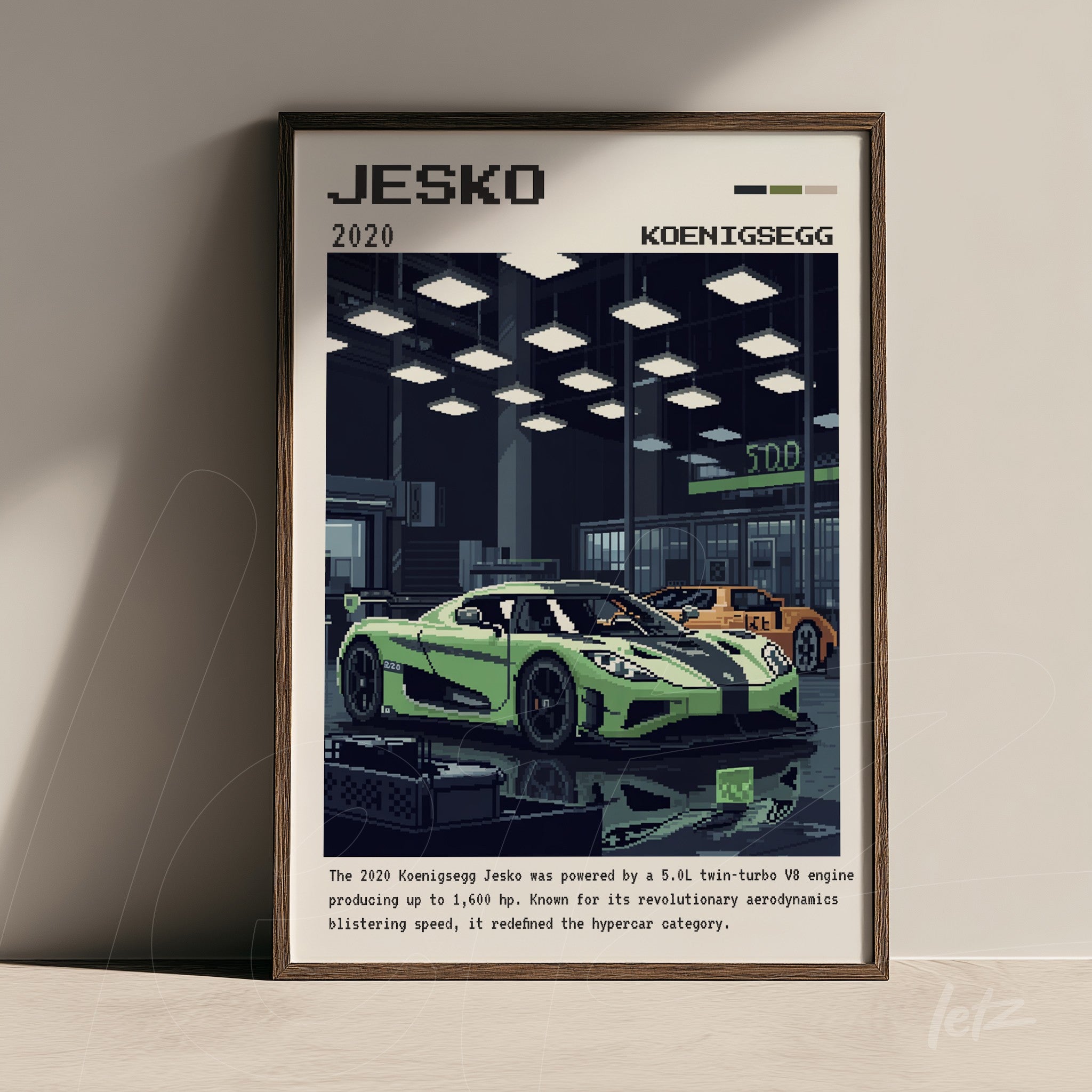 framed pixel art of Koenigsegg Jesko in a modern workshop setting with dark frame