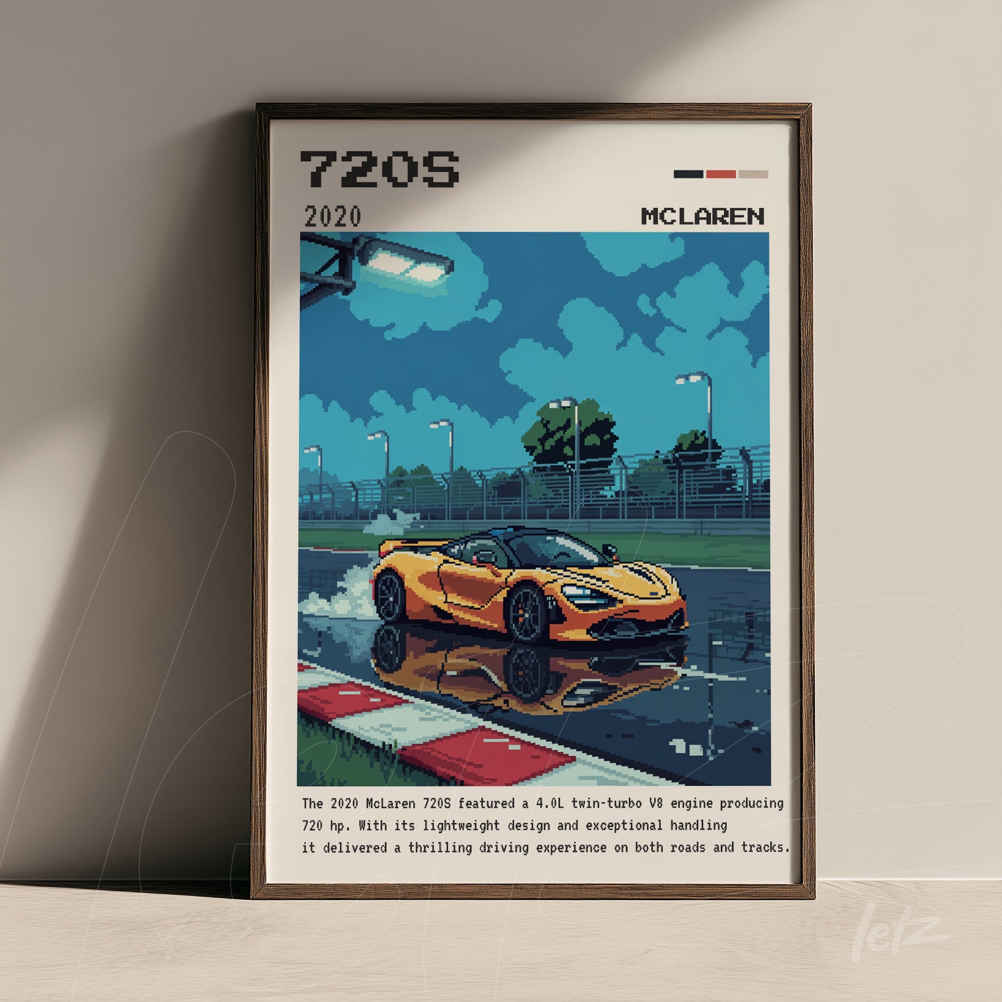 framed pixel art of a McLaren 720S sports car in orange color on a wet racetrack