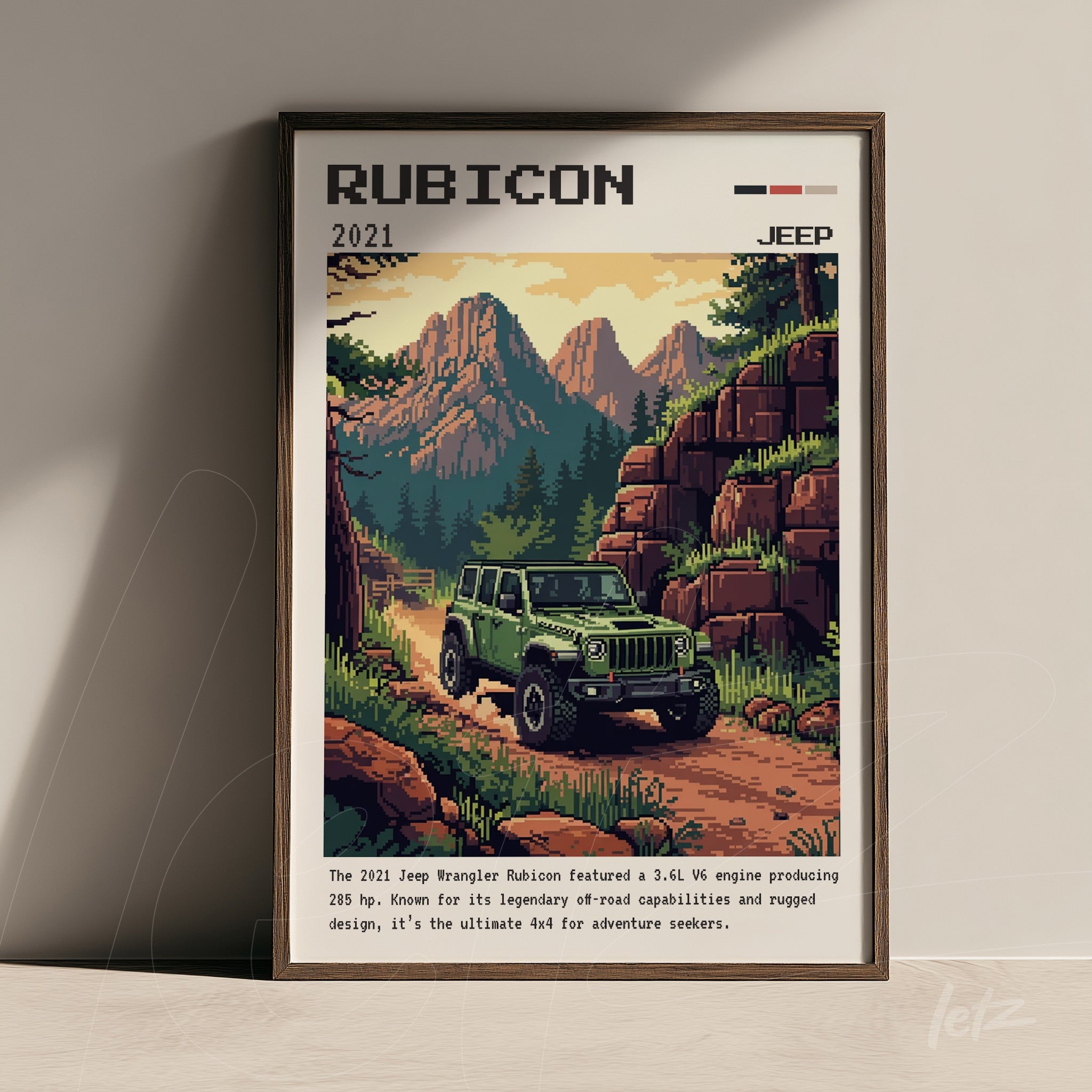 retro style framed art depicting a green Jeep Rubicon on a mountain trail with rocky landscapes and vegetation, dark wood frame