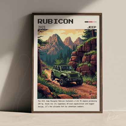 retro style framed art depicting a green Jeep Rubicon on a mountain trail with rocky landscapes and vegetation, dark wood frame