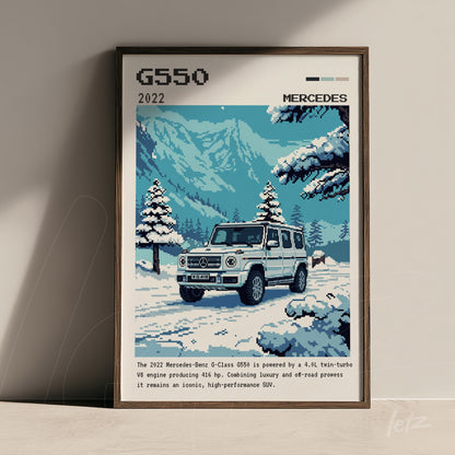 pixel art framed illustration of a 2022 Mercedes-Benz G-Class in a snowy landscape with mountains in the background and dark wooden frame