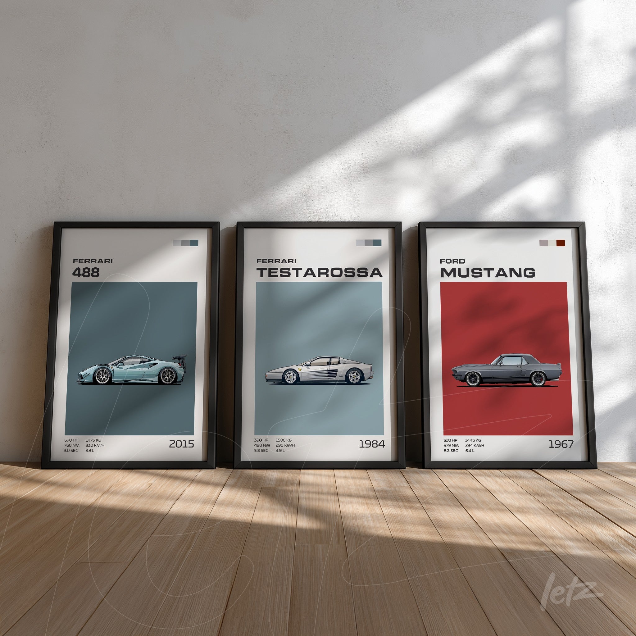 collection of framed wall art featuring classic cars, showcasing Ferrari 488, Testarossa, and Ford Mustang with black frames against a light wooden background