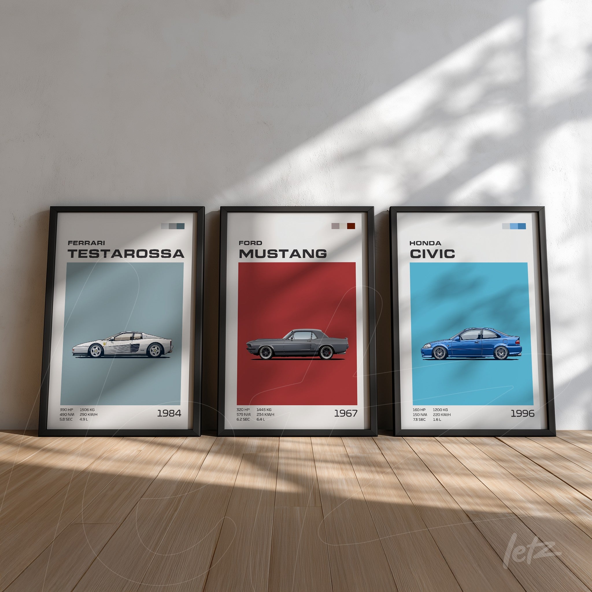 three framed artworks featuring classic cars including a 1984 ferrari testarossa, 1967 ford mustang, and 1996 honda civic, displayed against a light wall