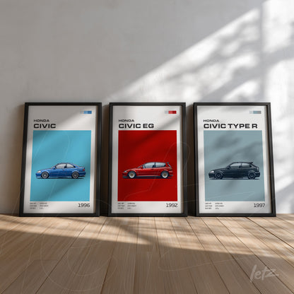 framed wall art composition featuring illustrations of Honda Civic cars in black frames, showcasing 1995, 1992, and Type R models against colorful backgrounds