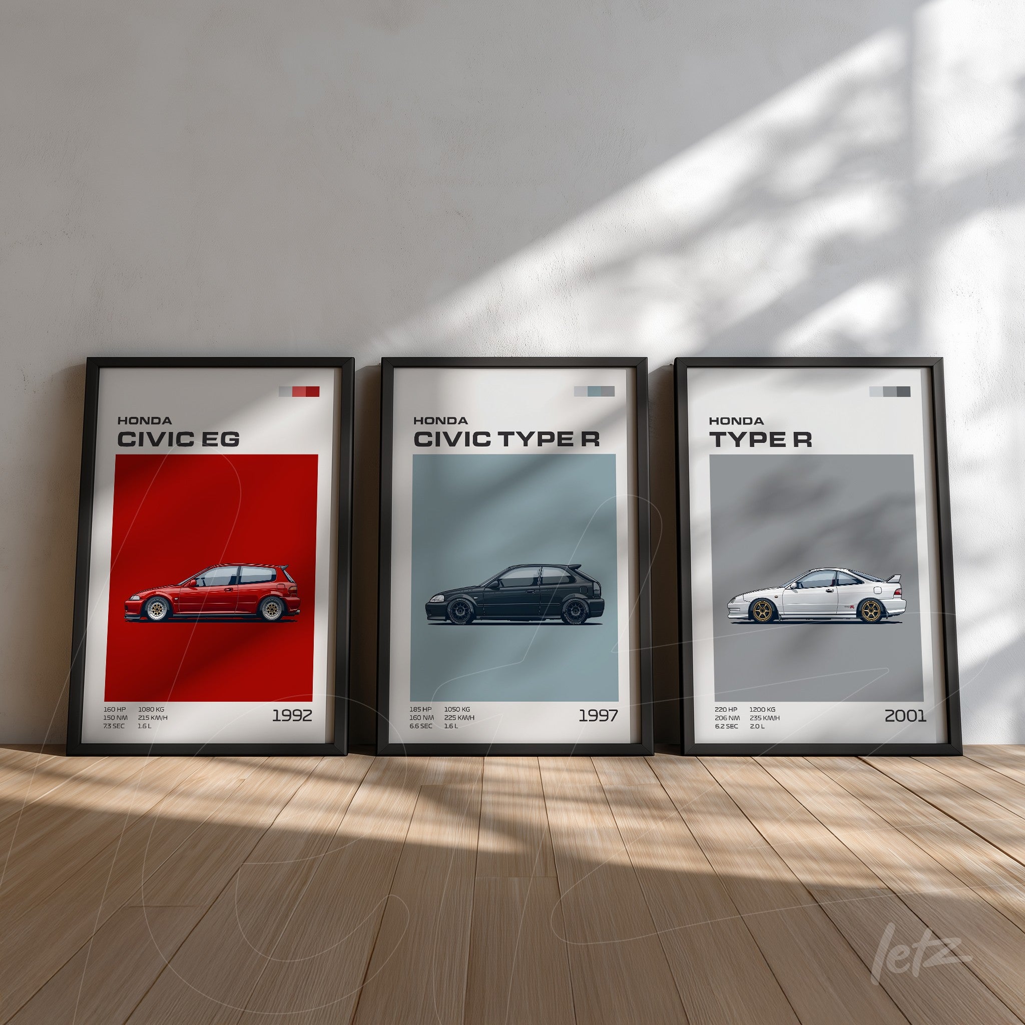 set of three framed wall art pieces featuring Honda cars showing the Civic EG from 1992, Civic Type R from 1997, and Type R from 2001 against a neutral background