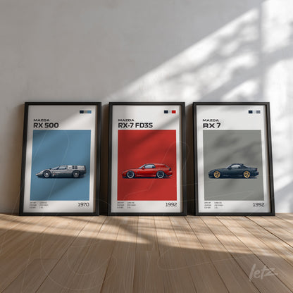 composition of framed prints featuring classic Mazda car illustrations including RX 500 from 1970, RX-7 FD3S from 1992, and RX-7 on gray background with black frames