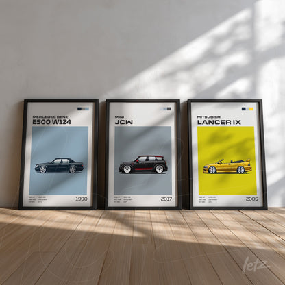 collection of framed car illustrations featuring a 1990 Mercedes Benz E500 W124, a 2017 Mini JCW, and a 2005 Mitsubishi Lancer IX, all displayed against a light-colored background