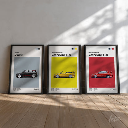 set of decorative frames featuring car illustrations in black frames displayed in a light wooden floor setting