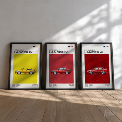 set of three framed illustrations of Mitsubishi Lancer cars, featuring a yellow background, a red background, and a white one, all with black frames