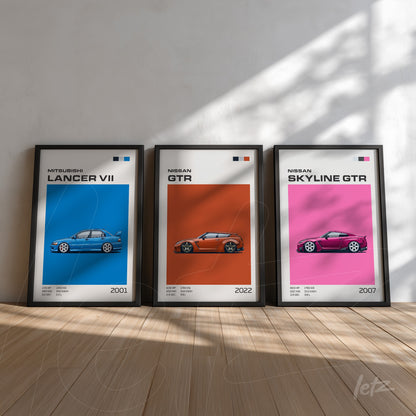set of three frames featuring minimalist car art with black frames, showcasing a blue mitsubishi lancer vii, a nissan gtr with an orange background, and a nissan skyline gtr against a red backdrop