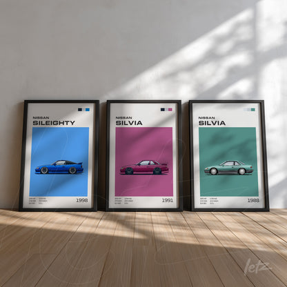 composition of framed wall art featuring Nissan Sil80 and Silvia illustrations in black frames against a light wall