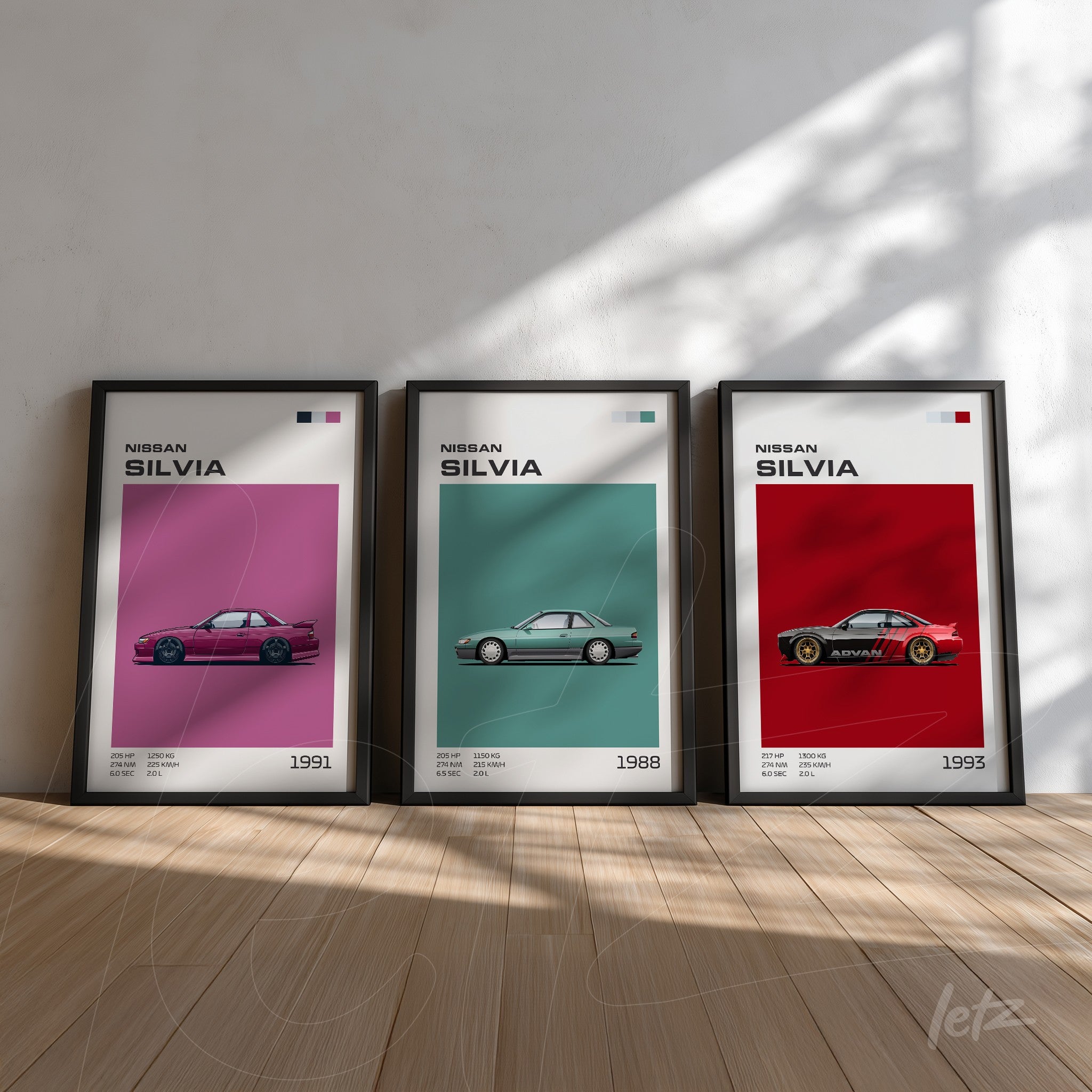 composition of three framed artworks featuring Nissan Silvia cars from different years on colorful backgrounds
