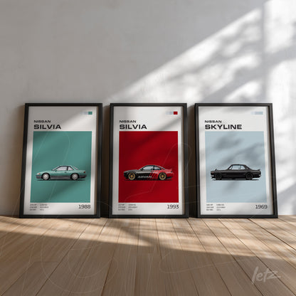 collection of framed wall art featuring minimalist illustrations of Nissan Silvia cars on light background with black frame