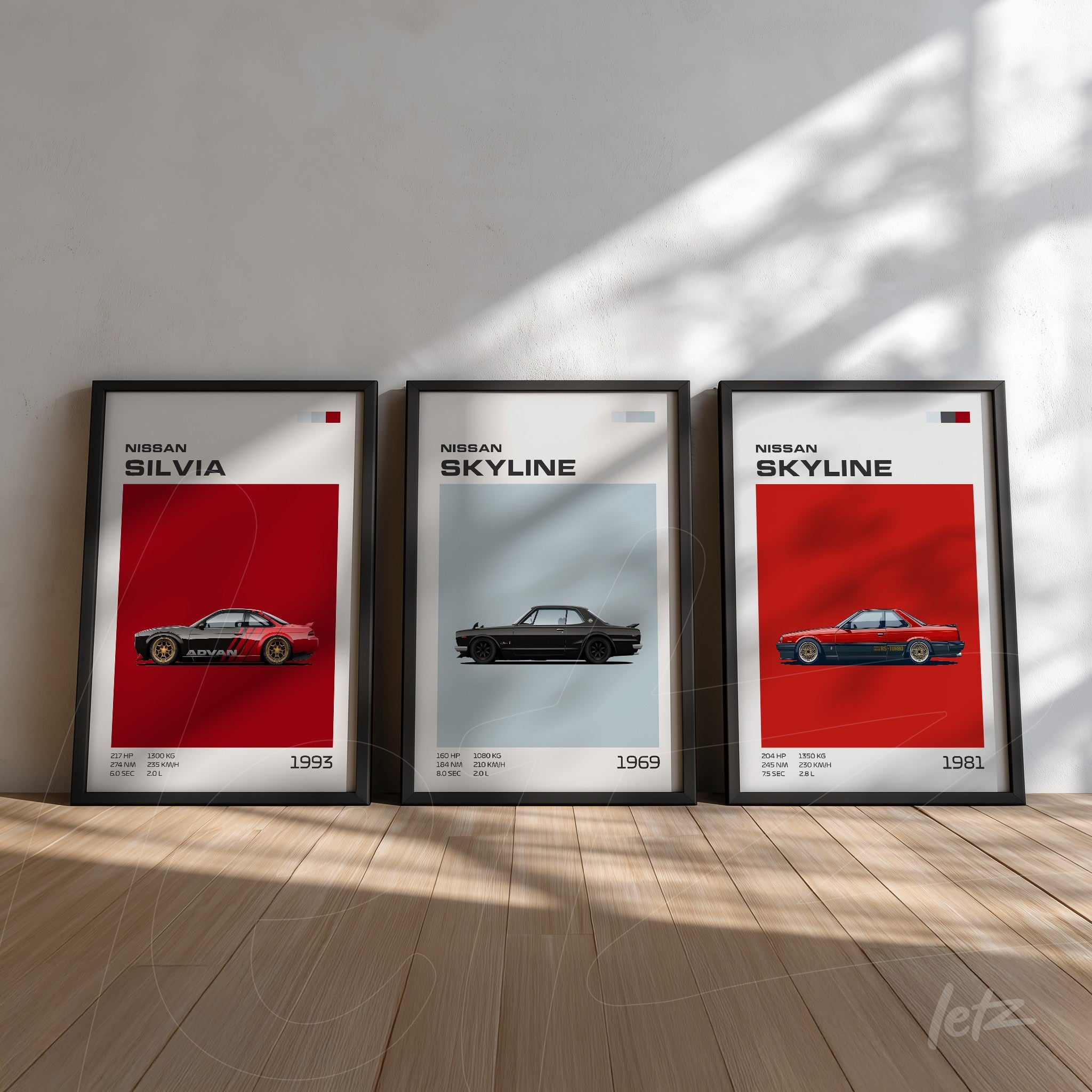 framed wall art collection featuring nissan silvia and skyline cars on wooden floor
