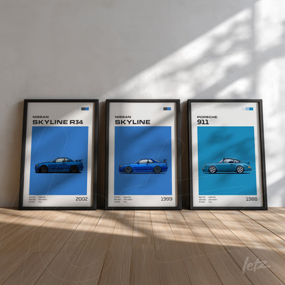 collection of framed wall art featuring classic car illustrations on white background with black frames, highlighting nissan skyline r34 from 2002, nissan skyline from 1999, and porsche 911 from 1988, all with modern graphic design