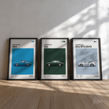 set of framed wall art featuring Porsche 911 illustrations on green and blue backgrounds with thin black frames