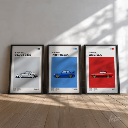 composition of three framed wall art prints featuring minimalist illustrations of sports cars, including porsche 911 gt2 rs, subaru impreza, and toyota celica in black frames