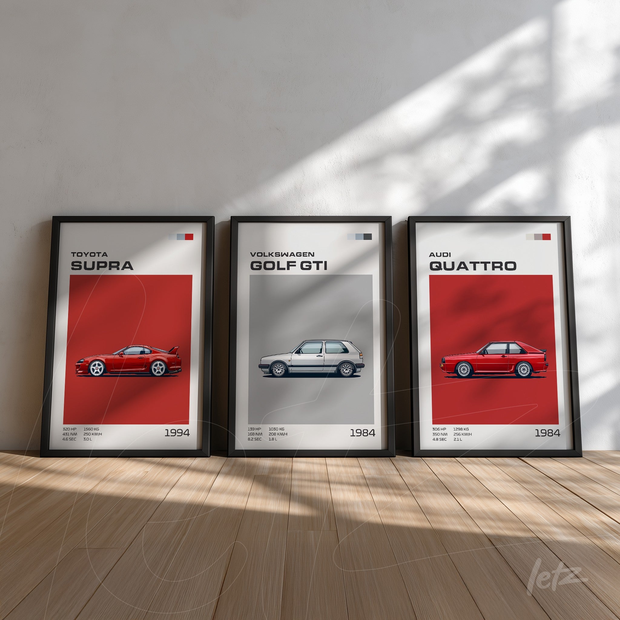 collection of three wall art pieces featuring classic cars, displaying toyota supra, volkswagen golf gti, and audi quattro in black frames against a stylish red background