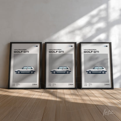 series of framed minimalist illustrations of 1984 Volkswagen Golf GTI displayed on a light wall