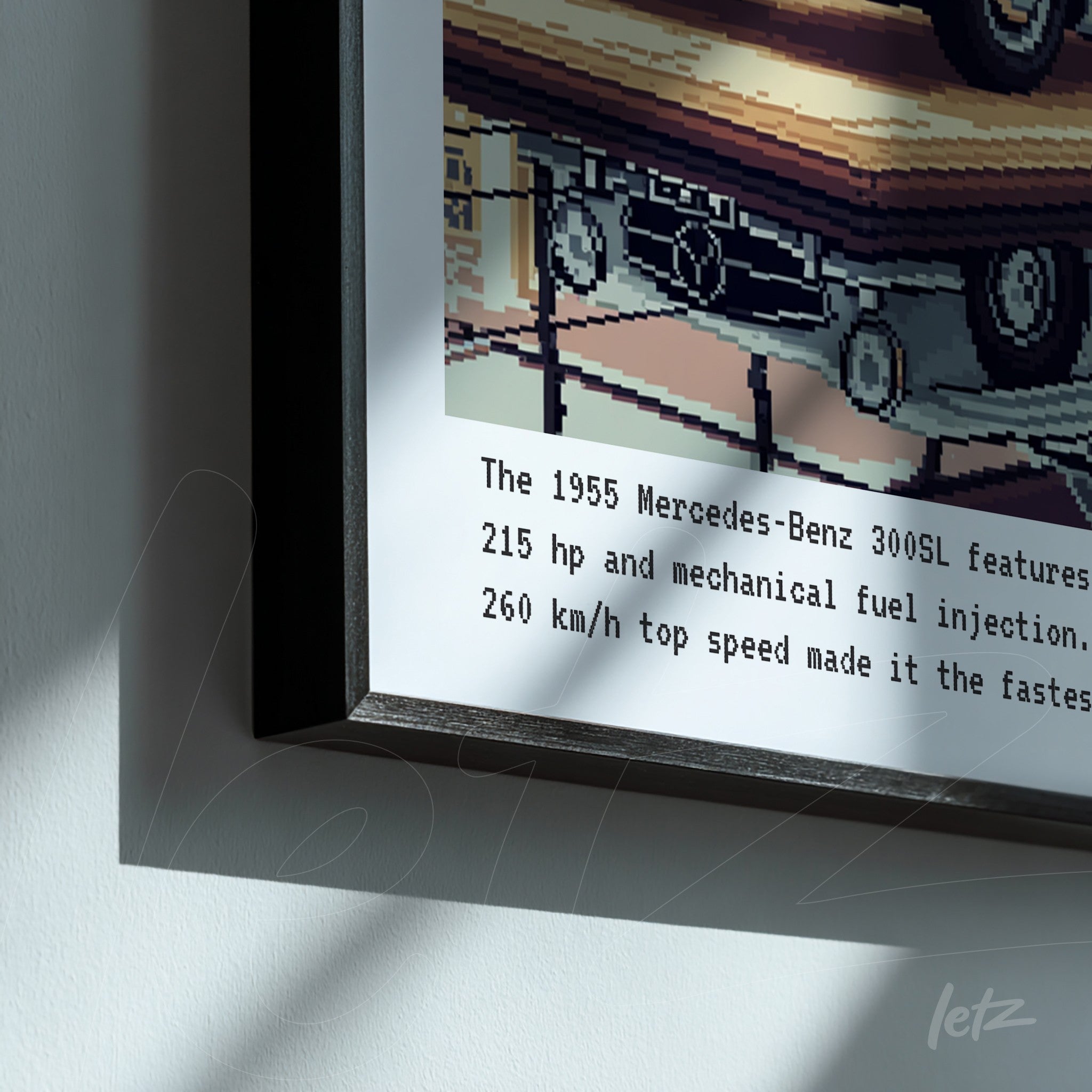 framed digital art of a classic mercedes-benz 300sl in fine black frame, featuring a light background and pixel art details