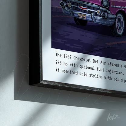 framed digital art of a 1957 Chevrolet Bel Air with black frame featuring text details about the car