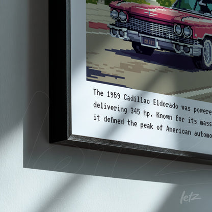 framed artwork featuring pixelated illustration of a 1959 Cadillac Eldorado with soft background