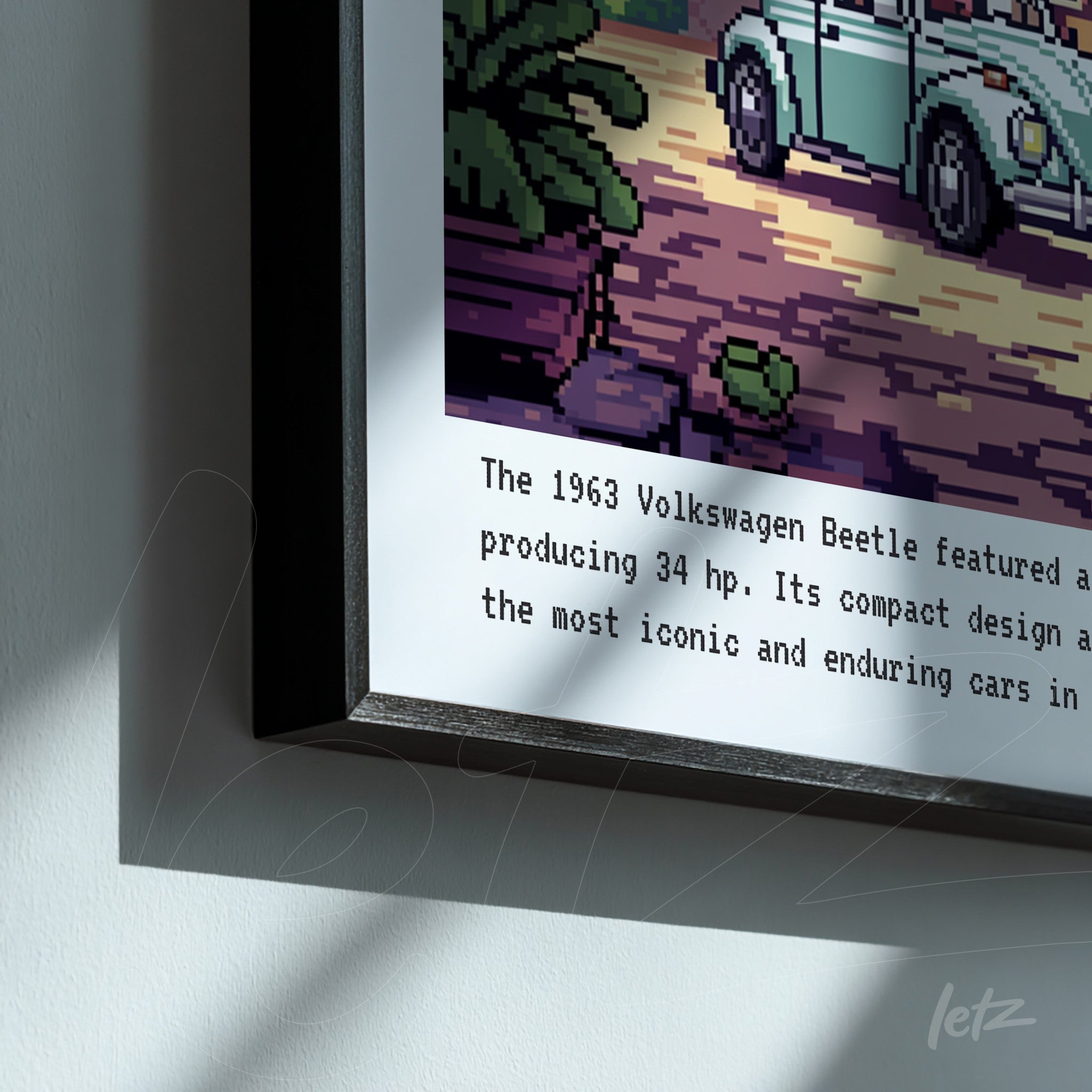 framed digital art of a 1963 Volkswagen Beetle in black frame with pixelated background depicting a road scene