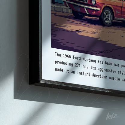framed digital artwork of a 1965 Ford Mustang Fastback with a black frame