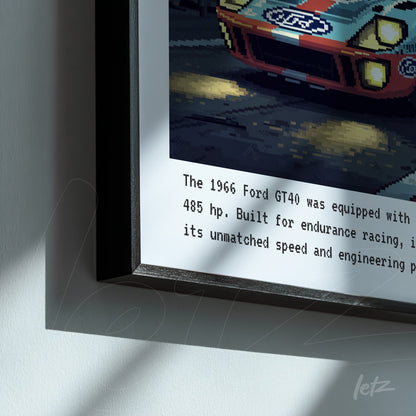framed digital art of a racing car Ford GT40 with black frame and stylized text captions