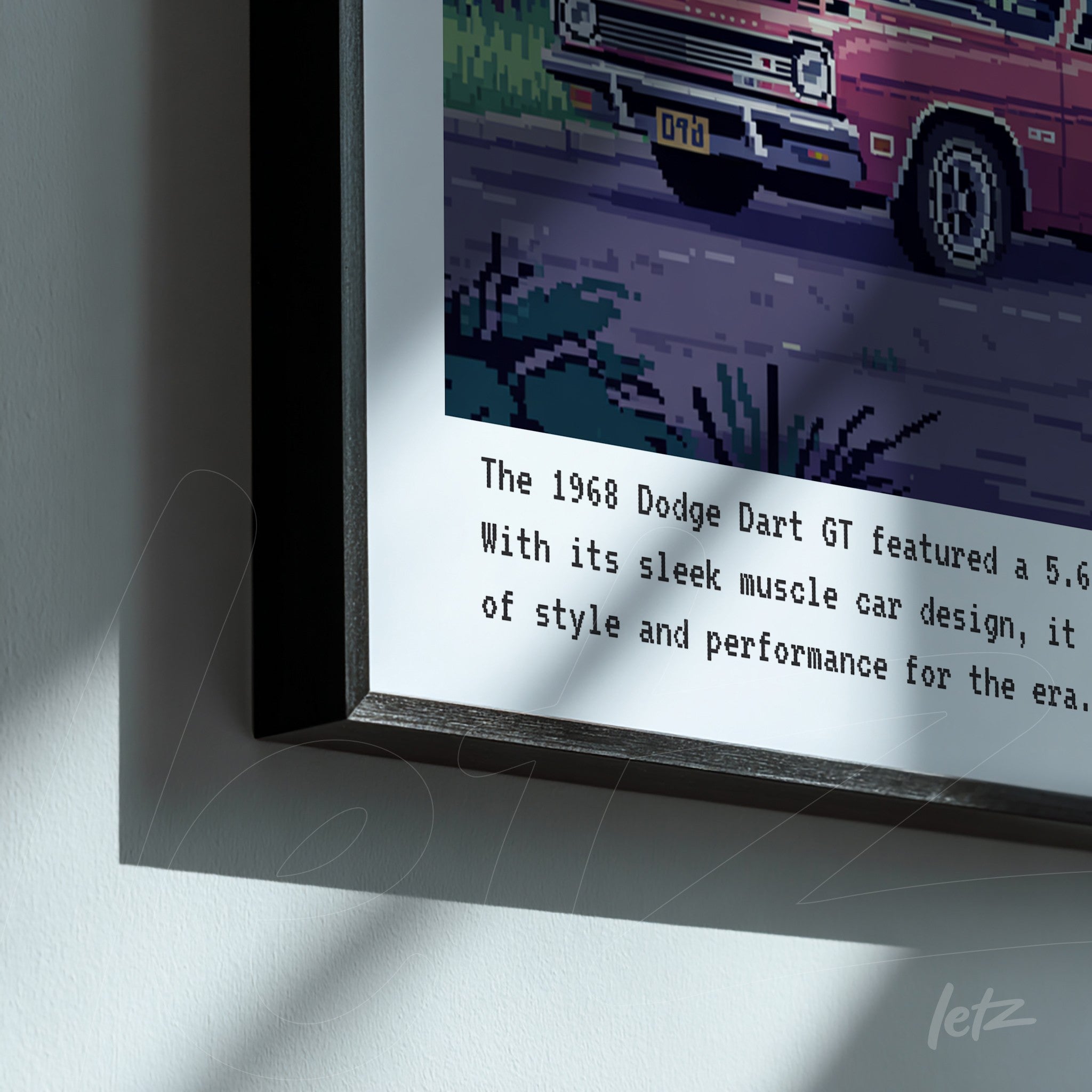 framed pixel art of a 1968 Dodge Dart GT with a sleek design and fine black frame