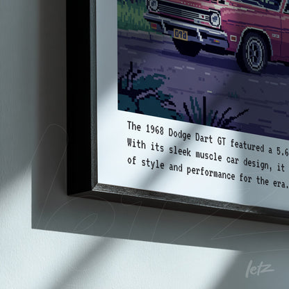 framed pixel art of a 1968 Dodge Dart GT with a sleek design and fine black frame
