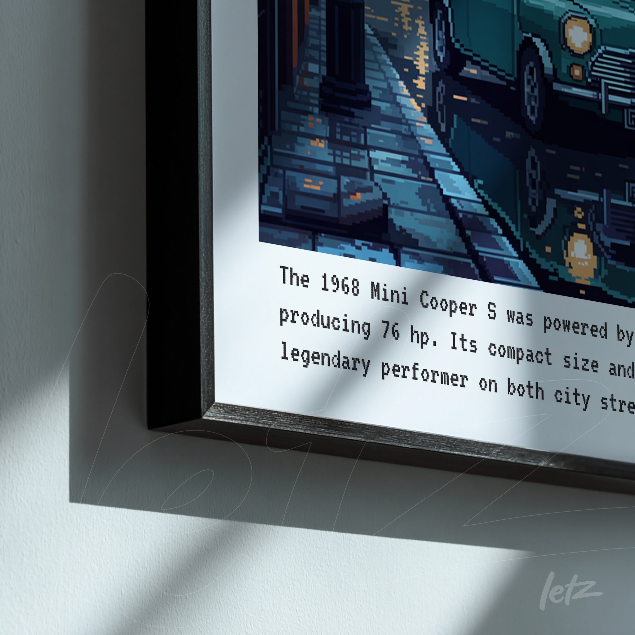 framed wall art featuring a retro illustration of a 1968 Mini Cooper S on a wet sidewalk