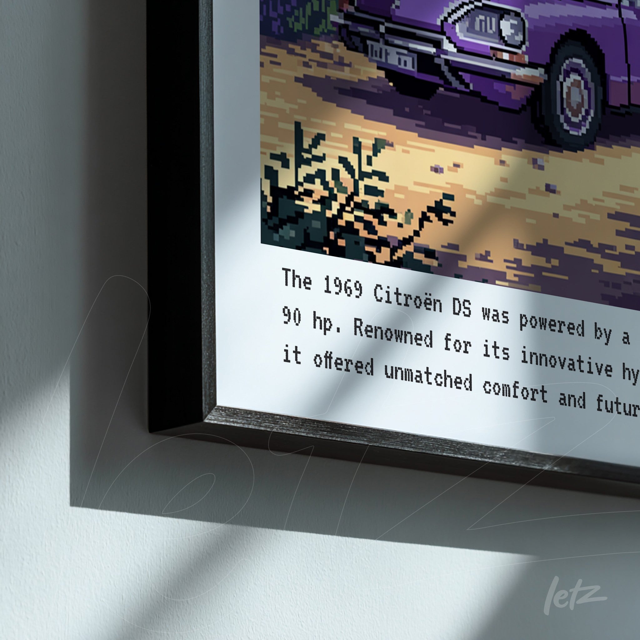 framed pixel art of a 1969 Citroën D5 car with a black frame, featuring text describing its engine and comfort