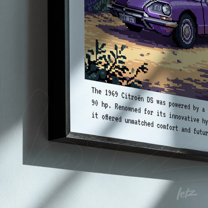 framed pixel art of a 1969 Citroën D5 car with a black frame, featuring text describing its engine and comfort