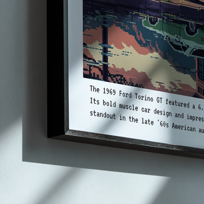 framed wall art featuring pixel art of a 1969 Ford Torino GT with a black frame, illuminated by shadows