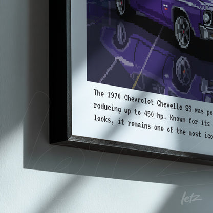 framed pixel art of 1970 Chevrolet Chevelle SS with black thin frame