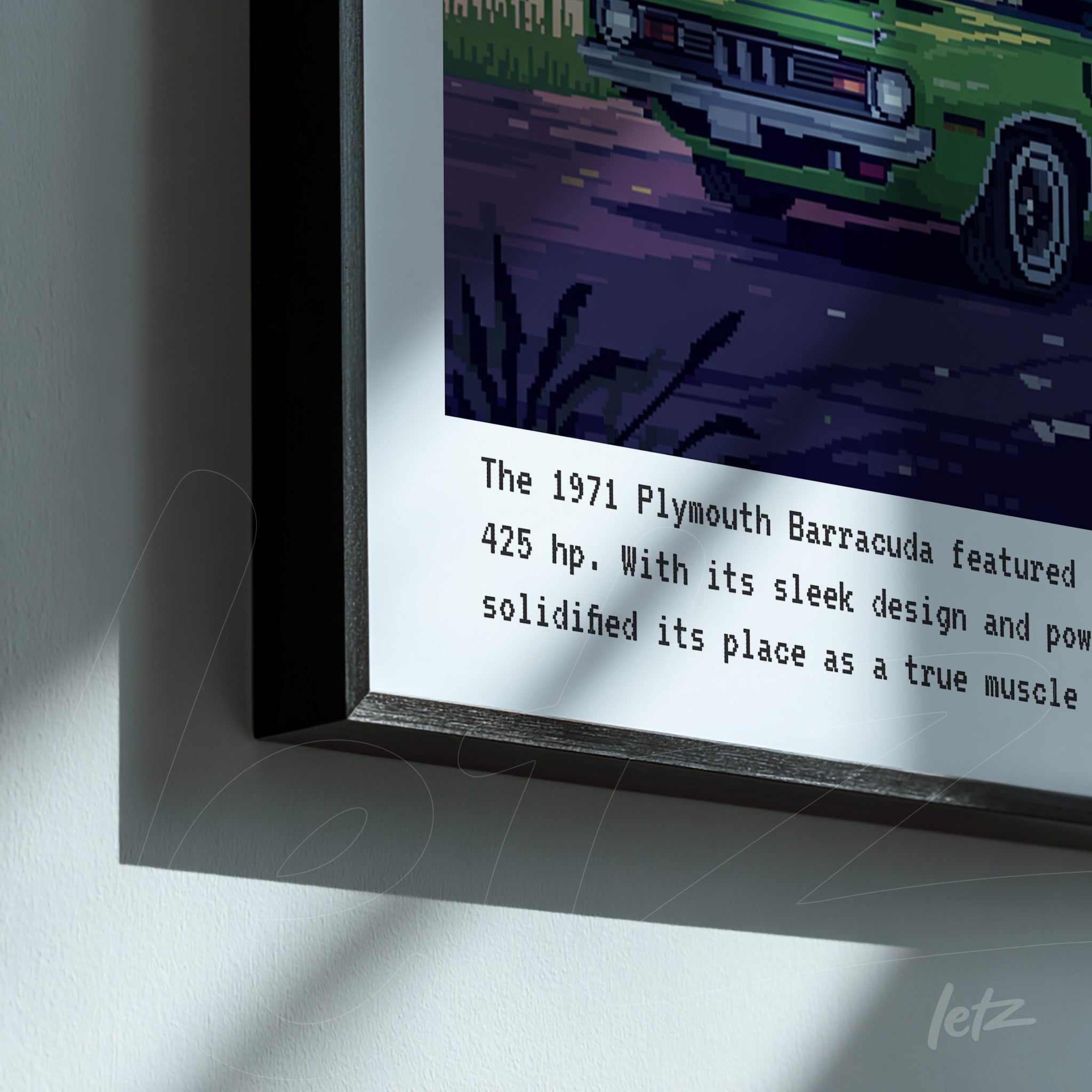 framed digital art of a 1971 Plymouth Barracuda showcasing its design and horsepower with a black frame