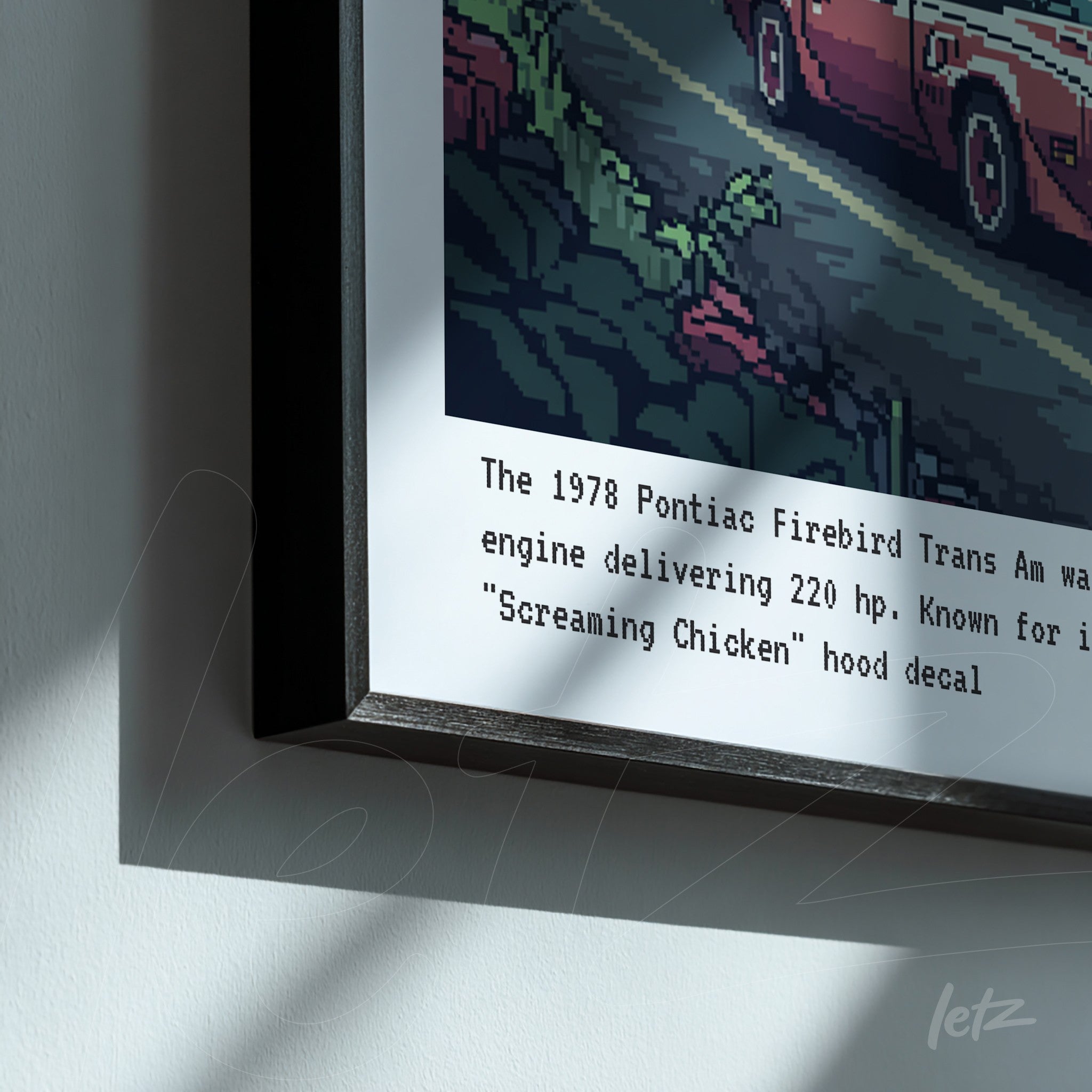 framed pixel art of a 1978 Pontiac Firebird Trans Am with a sleek black frame