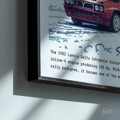 pixel art framed illustration of a 1983 Lancia Delta Integrale with a black frame