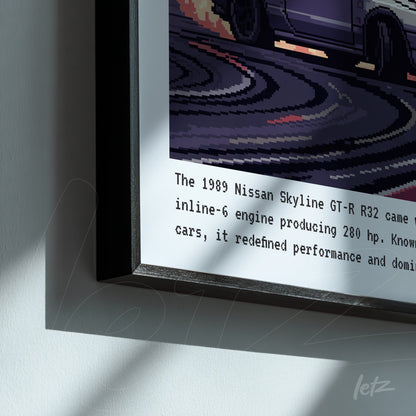 framed digital art of the vintage Nissan Skyline GT-R R32 with fine black frame and informative text at the bottom