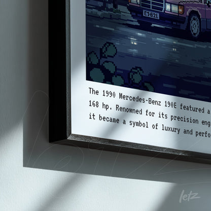 framed wall art featuring a pixelated illustration of a 1990 Mercedes-Benz 190E with text describing its features