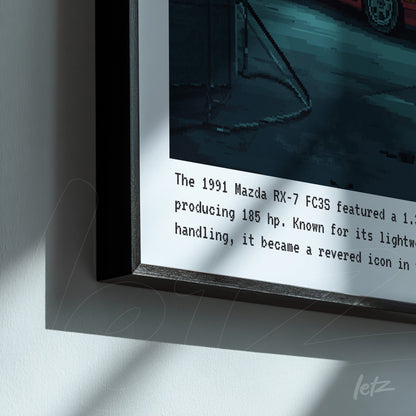 framed wall art featuring a pixelated sports car illustration with black frame and informative text detail