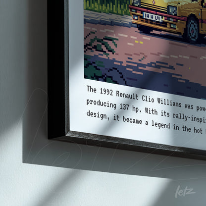 framed pixel art of the 1992 Renault Clio Williams in black frame