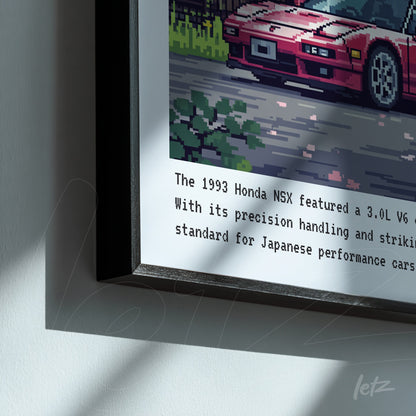pixel art framed print of a 1993 Honda NSX with a sleek black frame